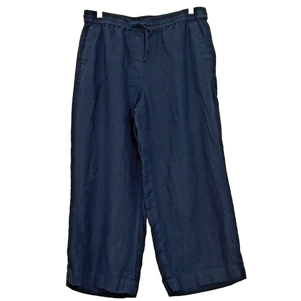 Talbots Linen Wide Leg Crop Pants size 10 Navy Blue